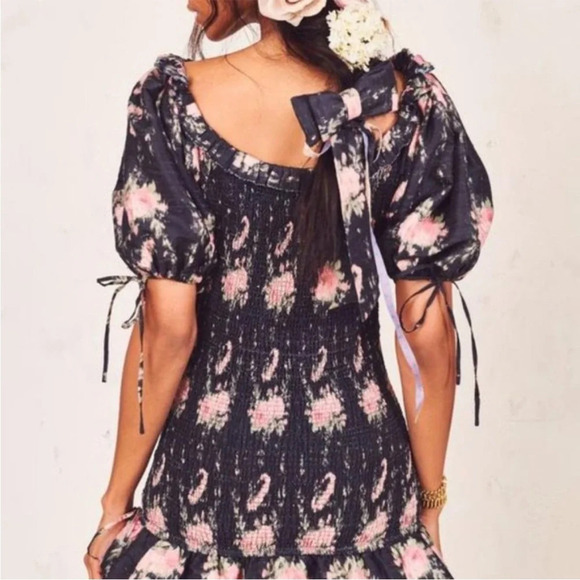 LOVESHACKFANCY Violet Dress in Black Coffee Smocked Puff Sleeves Cottagecore P - Picture 5 of 13